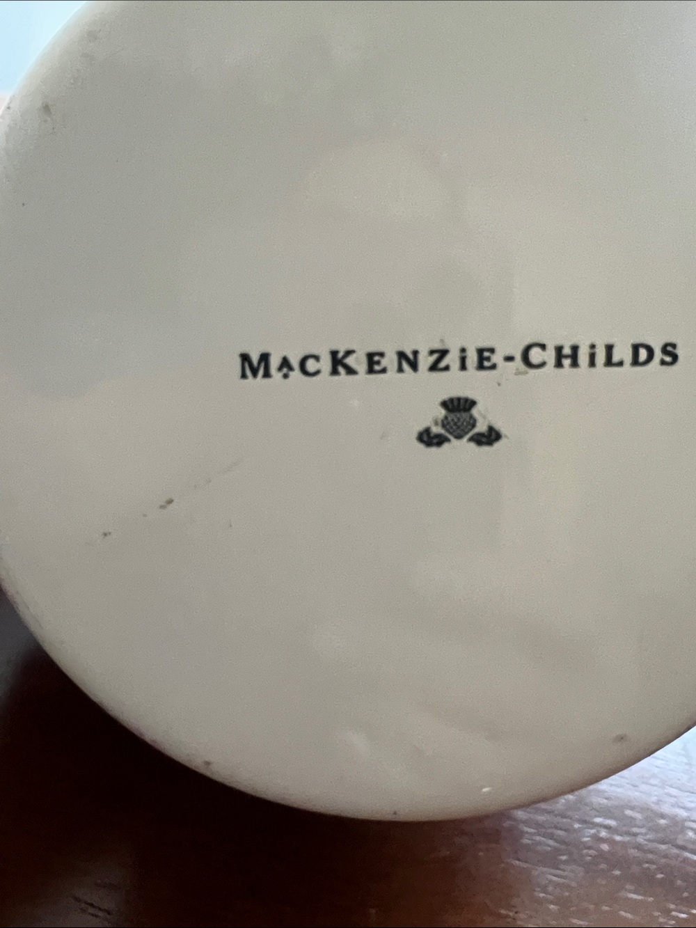 MacKenzie-Childs Pink and Cream Striped Canister with Floral Yellow Knob - Picture 5 of 9